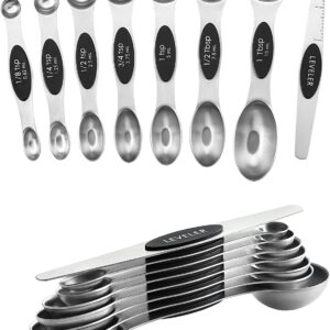 Stainless Steel Magnetic Measuring Spoons Set of 8 with Leveler, Dual Sided Metal Teaspoon & Tablespoon Measuring Spoons, Nesting Kitchen Gadgets for Baking & Cooking - 2 Pack - Black