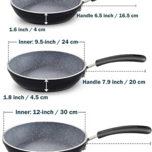 8/10/12" Nonstick Frying Saute Pan Set with Induction Compatible Bottom, Black