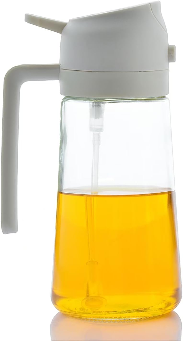 2 in 1 Oil Sprayer and Oil Dispenser for Cooking 16 floz Olive Oil Dispenser Bottle for Kitchen -Salad, Air Fryer, 470ml Olive Oil Sprayer (White 1 Pack)