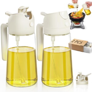 2 in 1 Oil Sprayer Bottle for Kitchen, 16oz Glass Olive Oil Dispenser with Dual Nozzle, Non-Drip Design for Air Fryer Grill Salad, White