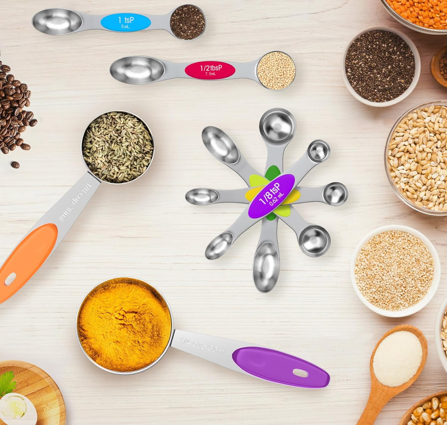 13PCS Magnetic Measuring Cups and Spoons Set - 7 Double-Sided Stainless Steel Magnetic Measuring Spoons & 1 Leveler + 5 Stainless Steel Measuring Cups - Kitchen Baking Tools for Cooking$$ - Image 2