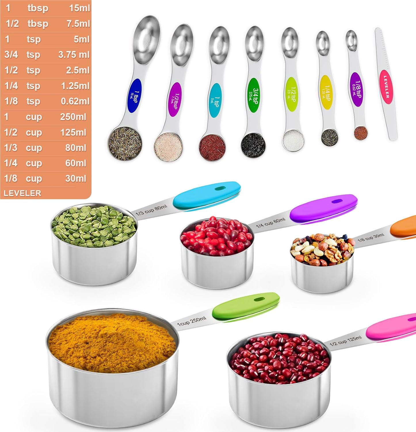 13PCS Magnetic Measuring Cups and Spoons Set - 7 Double-Sided Stainless Steel Magnetic Measuring Spoons & 1 Leveler + 5 Stainless Steel Measuring Cups - Kitchen Baking Tools for Cooking$$ - Image 4