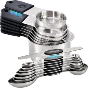 16-  Measuring Cups and Spoons Set, Stainless  with Non-Slip  Handles and Leveler, Essential Kitchen Baking Tools (Black)
