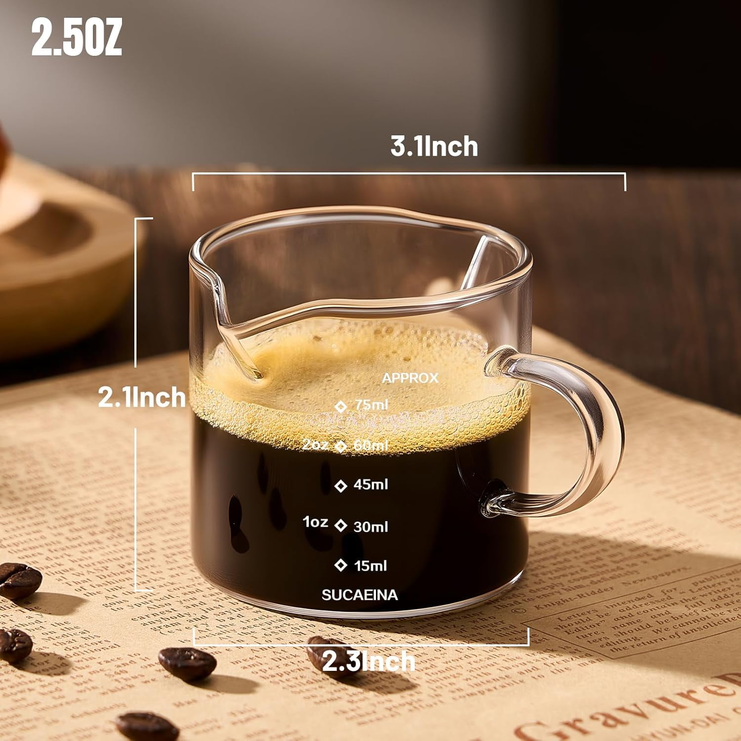 Espresso Cups Set of 2 with Handle, 2.5 OZ Double Spout Espresso Shot Cups Glass Measuring Cup with Dual Scale, Espresso Shot Glass with V-Shaped Mouth, Espresso Accessories - Image 4