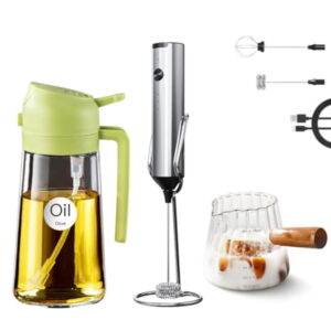 16oz/470ml Glass Olive Oil Sprayer Green 180ml Glass Measuring Cup and Rechargeable Milk Frother