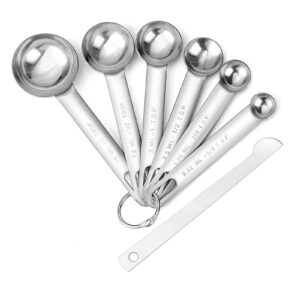Stainless Steel Measuring Spoons Cups Set, Small Tablespoon, Teaspoons, Set 6 with Bonus Leveler, for Dry and Liquid