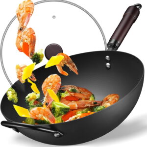 13 Inch carbon steel woks & stir-fry pans nonstick, Pre-Seasoned 5.8QT Flat Bottom Chinese Wok Pan with lid, Carbon Steel Cookware, Compatible with All Cooktops