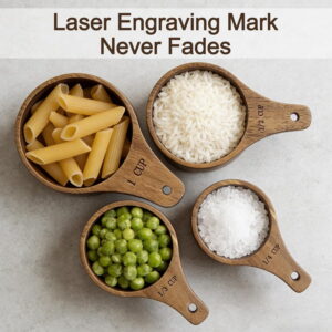 Acacia Wooden Measuring Cups Set of 4, Laser Engraved Measure Tool with Handle, Stackable Nesting Handcrafted Cup with Polish for Dry Ingredients, Baking and Cooking, 4 Sizes