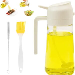 Oil Sprayer for Cooking，470ml Glass Oil Sprayer & Dispenser Bottle - 2-in-1 Spray + Pour Function with Brushes - Precise Oil Control Kitchen Olive Oil Mister & Dispenser (Transparent, White)