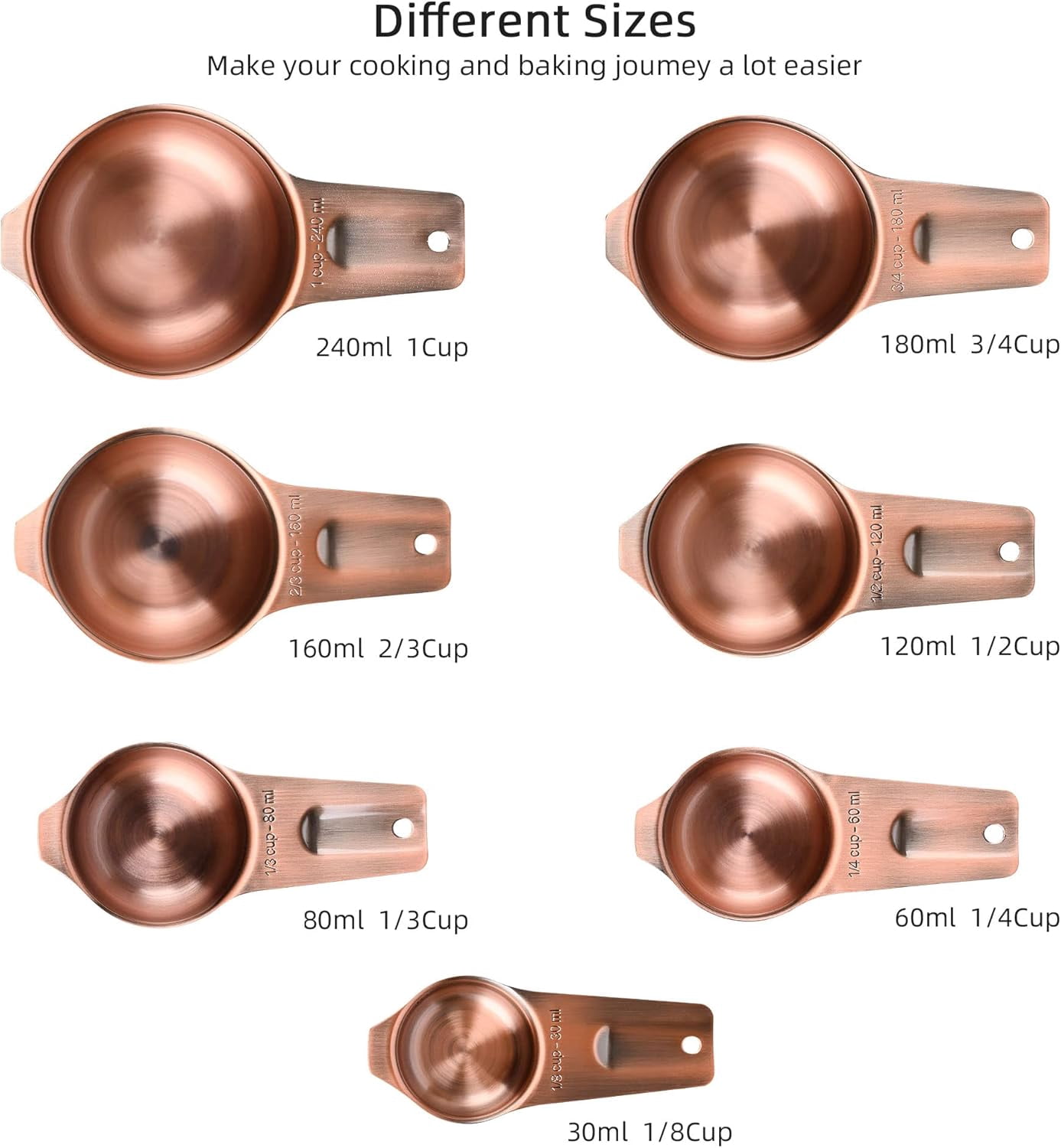Copper Measuring Cups and Spoons Set 17, Stainless Steel Measuring Cups and Spoons for Dry & Liquid, Metal 7 Measure Cup and 9 Measure Spoon with 1 Leveler for Kitchen & Baking - Image 3