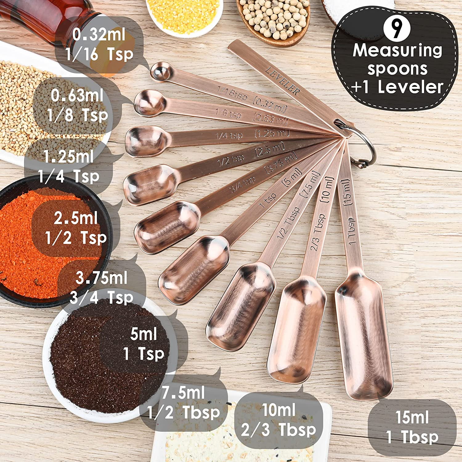 Copper Measuring Cups and Spoons Set 17, Stainless Steel Measuring Cups and Spoons for Dry & Liquid, Metal 7 Measure Cup and 9 Measure Spoon with 1 Leveler for Kitchen & Baking - Image 6