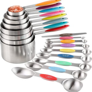 Measuring Cups and Spoons Set Stainless  Including 8 Stackable Measuring Cup 8 Double Sided  Measuring Spoons with 1 Leveler for Dry and Liquid Ingredients