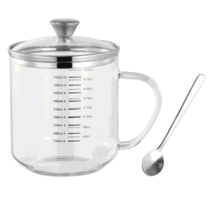 Borosilicate Glass Drinking Mugs with Lid and Spoon, 18OZ  Multi-Function Food Grade Measuring Cup for Serving Coffee Milk Latte Juice Water Hot/Cold Beverages