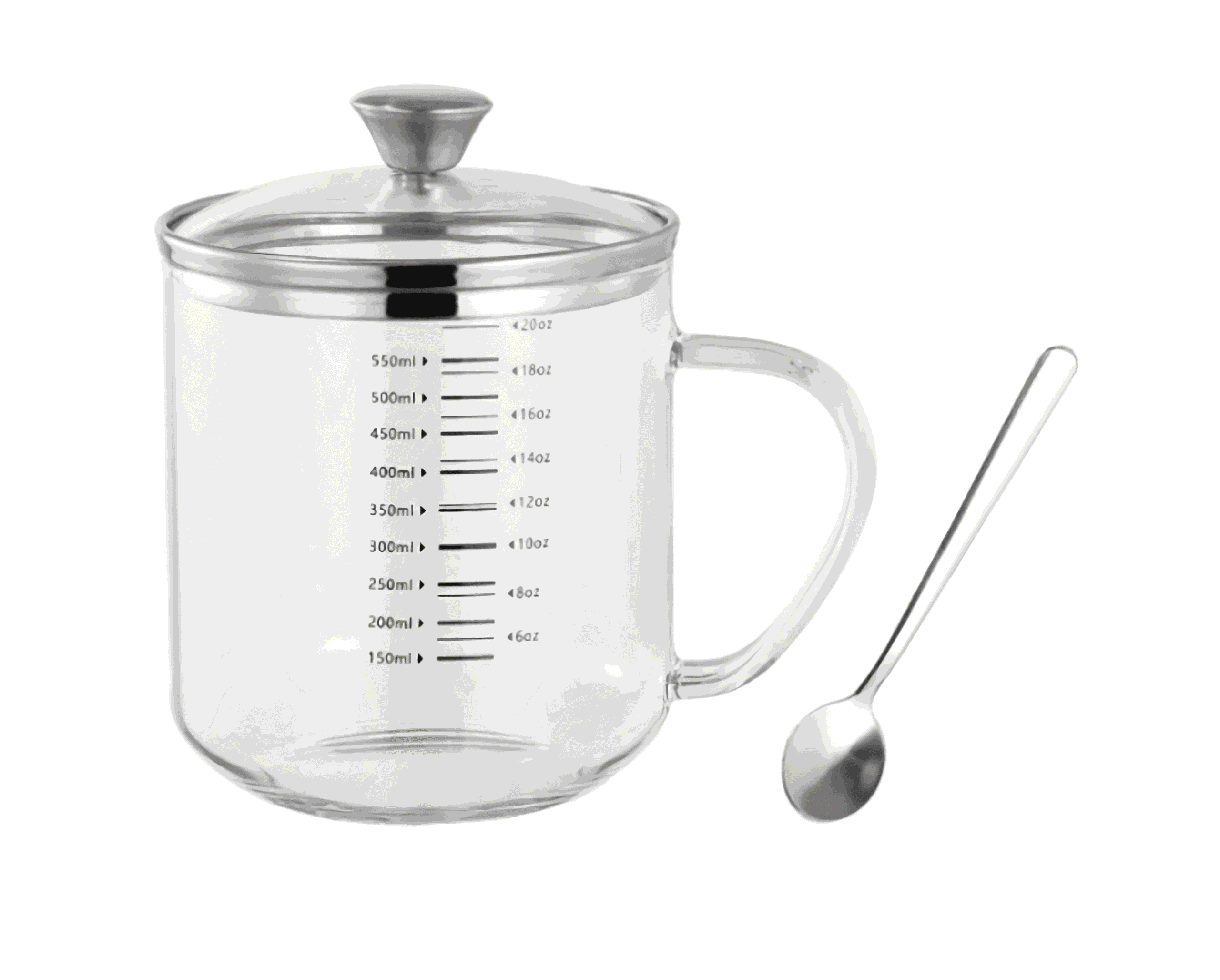 Borosilicate Glass Drinking Mugs with Lid and Spoon, 18OZ Multi-Function Food Grade Measuring Cup for Serving Coffee Milk Latte Juice Water Hot/Cold Beverages