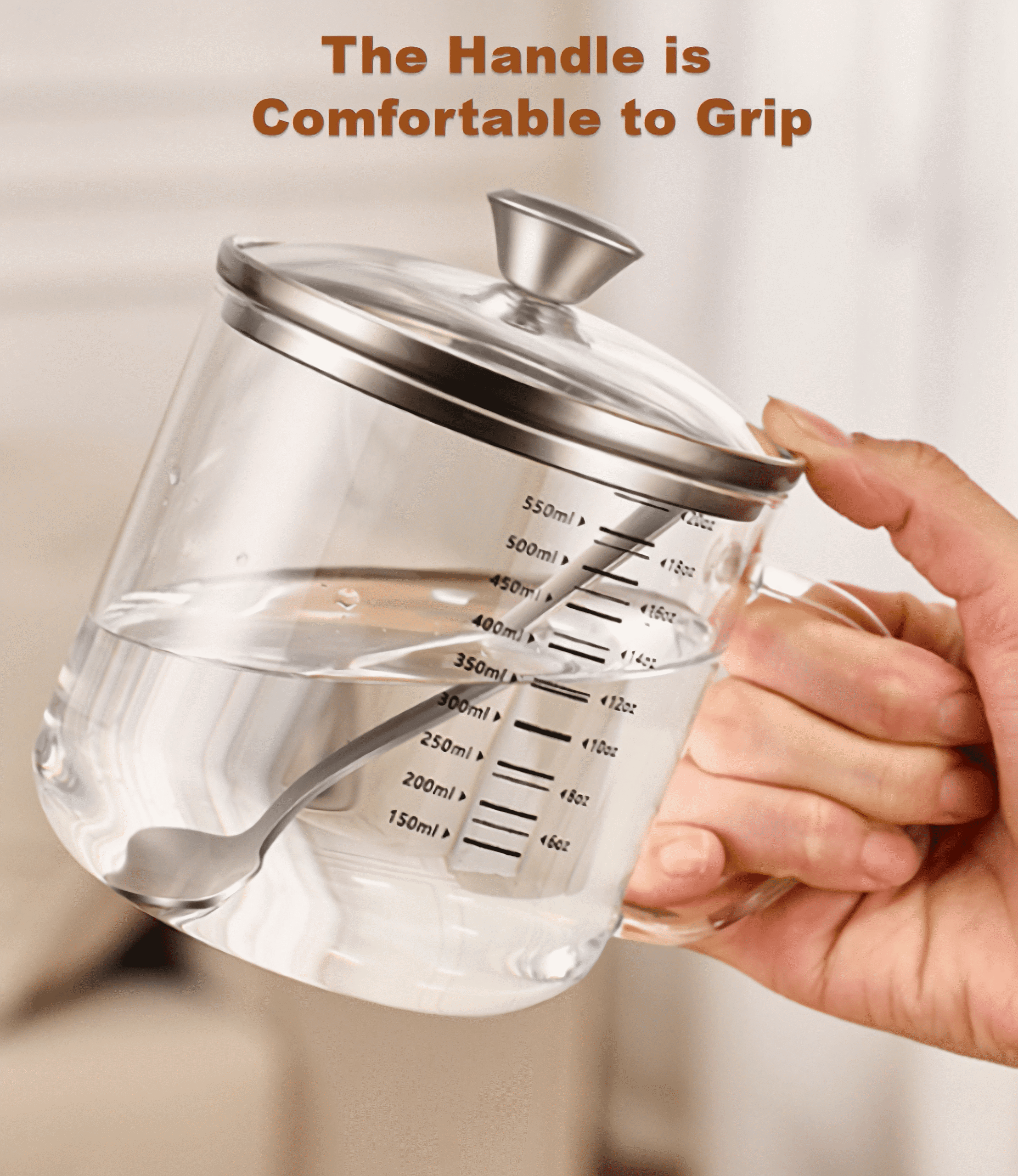 Borosilicate Glass Drinking Mugs with Lid and Spoon, 18OZ Multi-Function Food Grade Measuring Cup for Serving Coffee Milk Latte Juice Water Hot/Cold Beverages - Image 3