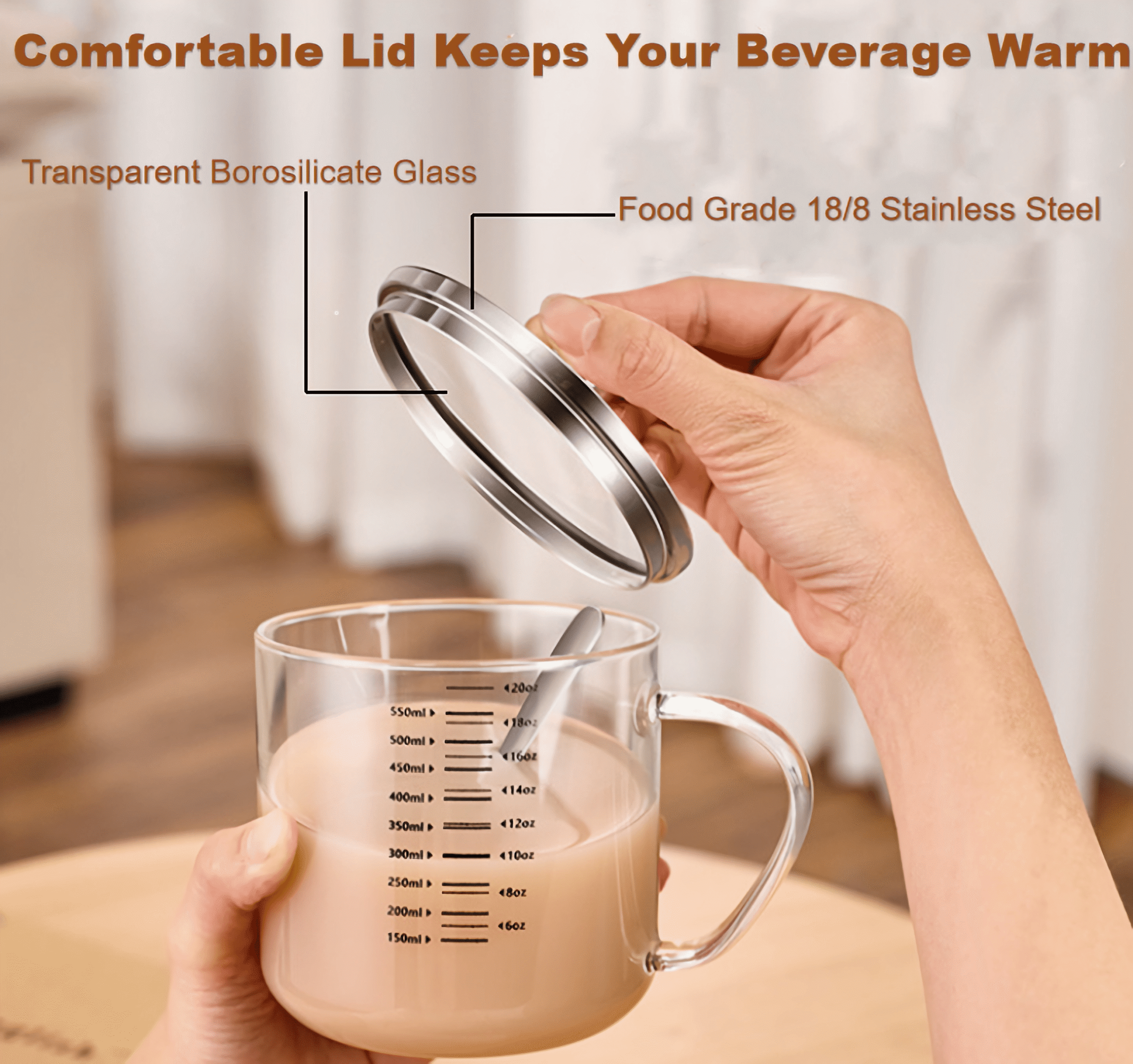 Borosilicate Glass Drinking Mugs with Lid and Spoon, 18OZ Multi-Function Food Grade Measuring Cup for Serving Coffee Milk Latte Juice Water Hot/Cold Beverages - Image 4