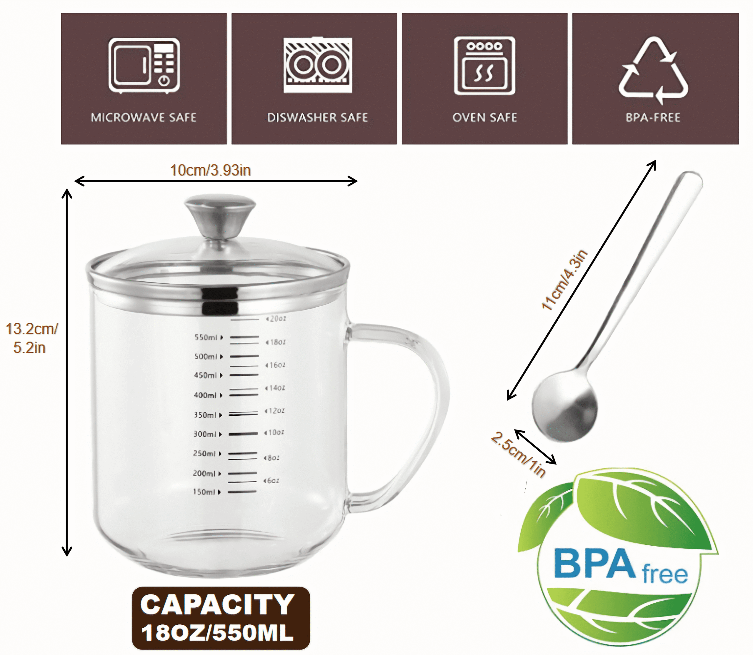 Borosilicate Glass Drinking Mugs with Lid and Spoon, 18OZ Multi-Function Food Grade Measuring Cup for Serving Coffee Milk Latte Juice Water Hot/Cold Beverages - Image 5