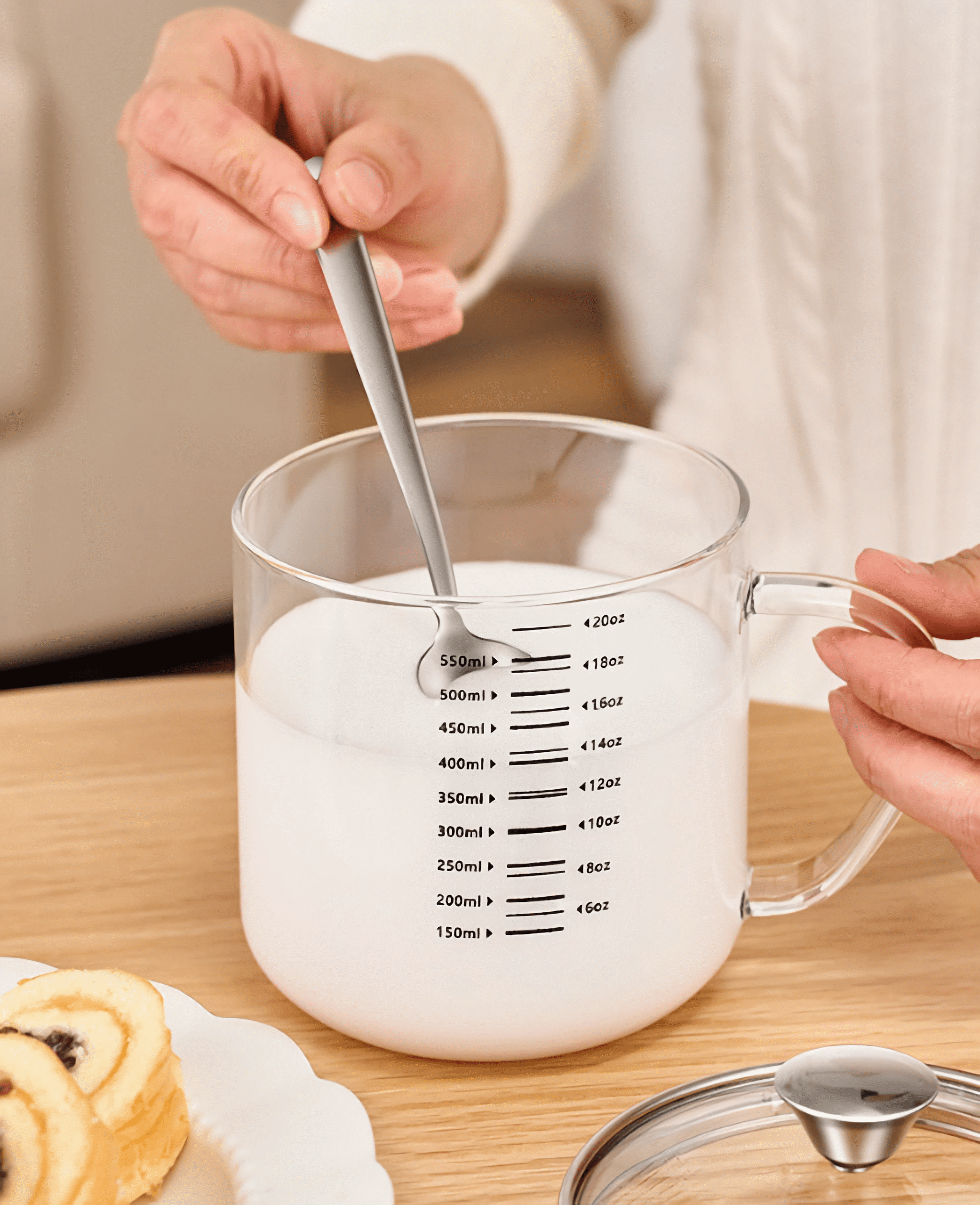 Borosilicate Glass Drinking Mugs with Lid and Spoon, 18OZ Multi-Function Food Grade Measuring Cup for Serving Coffee Milk Latte Juice Water Hot/Cold Beverages - Image 6