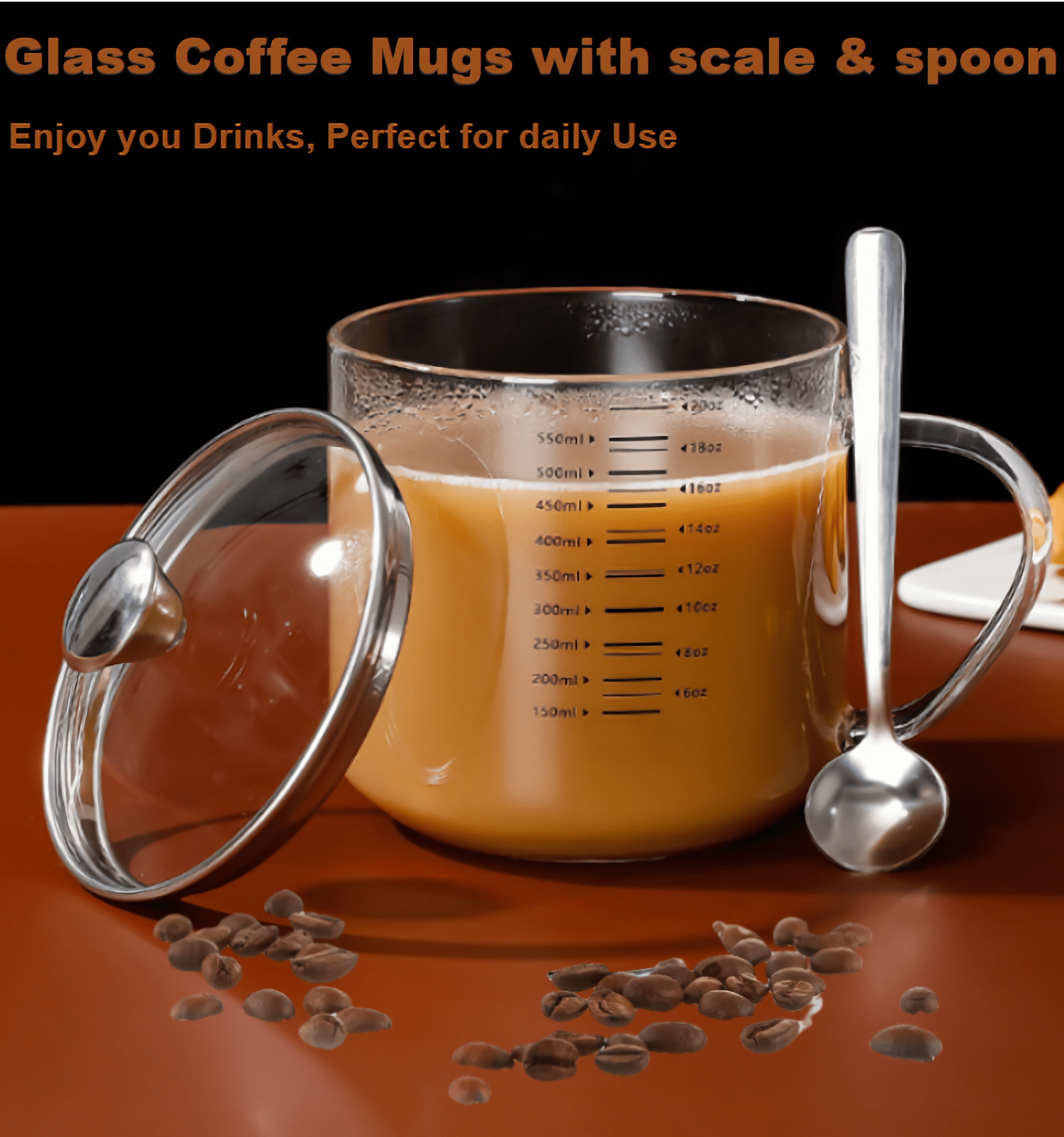 Borosilicate Glass Drinking Mugs with Lid and Spoon, 18OZ Multi-Function Food Grade Measuring Cup for Serving Coffee Milk Latte Juice Water Hot/Cold Beverages - Image 7