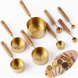 Gold Measuring Cups And Spoons Set With Fragrant Wood Handle, Measuring Cups, Metal Measuring Spoons And Measuring Cup Set For Cooking & Baking, Set Of 8 Pcs