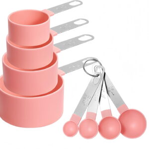 8 Pcs Measuring Cups and Spoons Set, Includes 4 Stainless Steel Nesting Measuring Cups & 4 Mini Measuring Spoons,Stackable Handle Accurate Tablespoon for Measuring Dry and Liquid Ingredients(Pink)