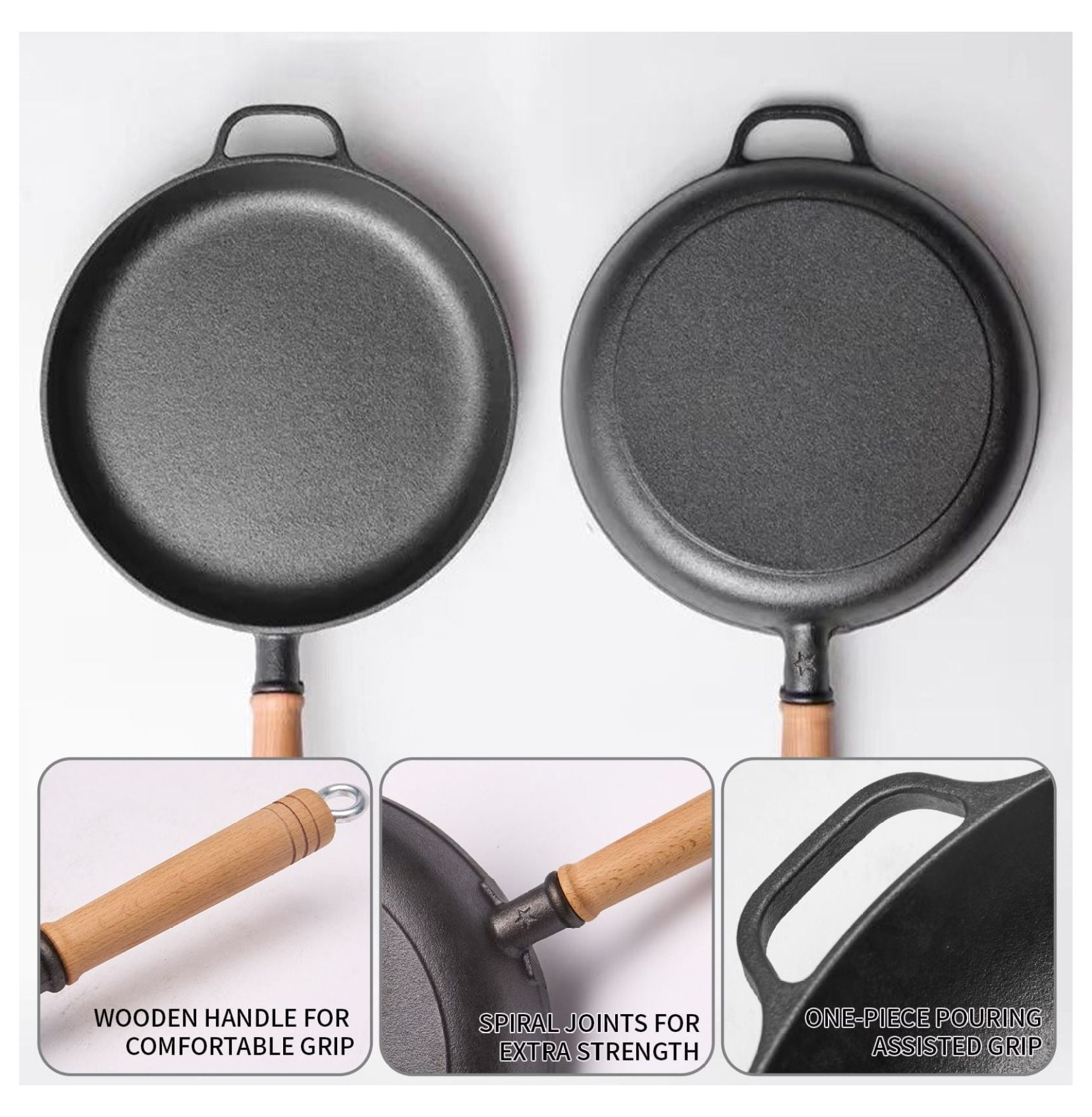 Cast Iron Frying Pan 11.8 Inch - Nonstick Skillet, Wooden Handle, Steak Pan, Pancake Pan - All Stovetop Compatible, Versatile Cookware - Image 2
