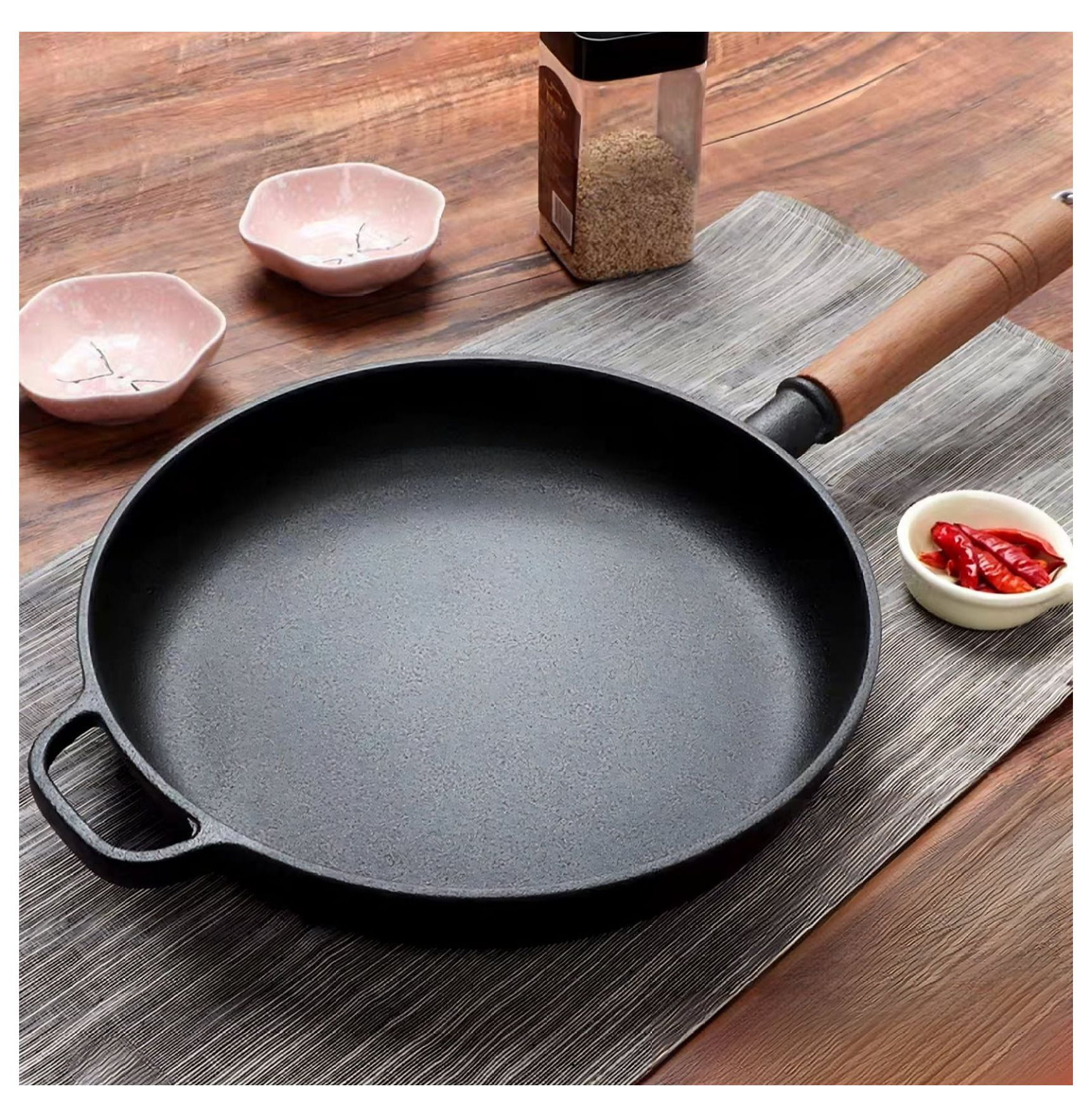 Cast Iron Frying Pan 11.8 Inch - Nonstick Skillet, Wooden Handle, Steak Pan, Pancake Pan - All Stovetop Compatible, Versatile Cookware - Image 3