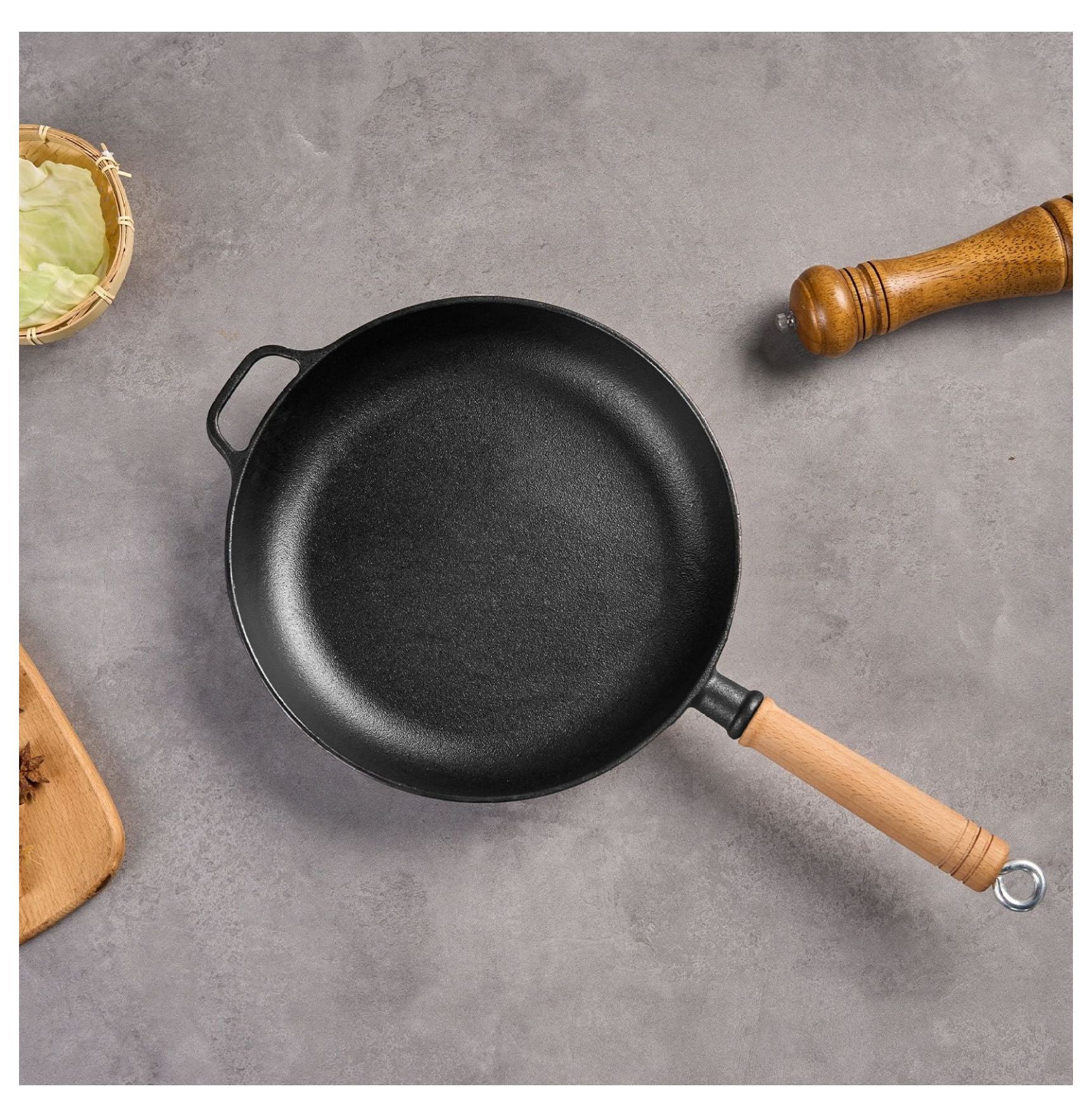 Cast Iron Frying Pan 11.8 Inch - Nonstick Skillet, Wooden Handle, Steak Pan, Pancake Pan - All Stovetop Compatible, Versatile Cookware - Image 4