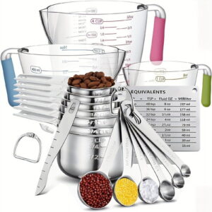 20-Pcs Stainless Steel Measuring Cup & Spoon Set - With Plastic Cups Level Conversion Chart