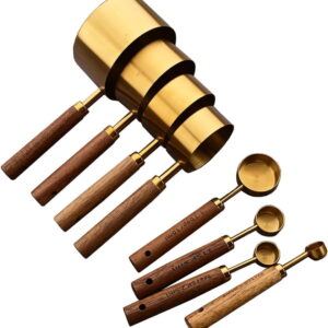 8 pieces Golden Measuring Cups Set and Measuring Spoons Set with Scale, Wooden Handle Stainless Steel Dry & Liquid Measuring Cup for Cooking Baking