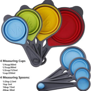 Measuring Cups and Spoons Set, Collapsible Silicone Measuring Cups and Spoons, 8 pieces Food Grade Silicone Measurement Cup for Liquid & Dry Measuring Baking & Travel Measuring Cup, Space Save