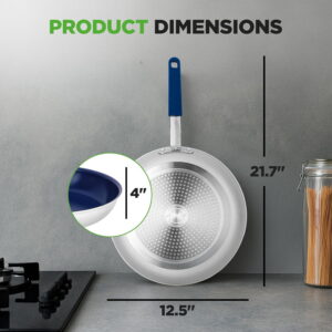 12 Inch Fry Pan with Lid - Large Nonstick Skillet, Ceramic Coating, Induction Base, Blue Silicone Handle, Stain Resistant