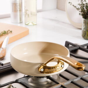 Bloomhouse 8 Inch Heavy Duty Aluminum Premium PFA Free Ceramic Nonstick Saute Deep Frying Pan Skillet Almond Cream w/Gold Handle