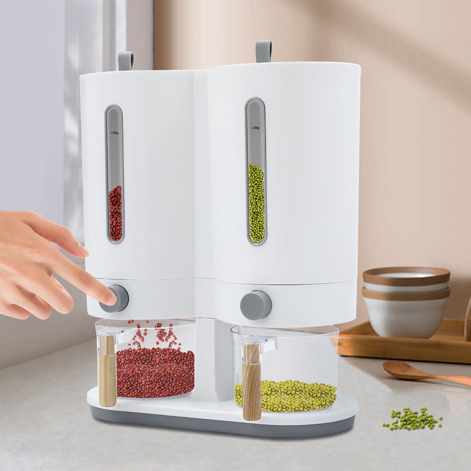 12*5.9*14.17 Free-standing Simple Modern Round Dual with Two Measuring Cups Rice Dispenser