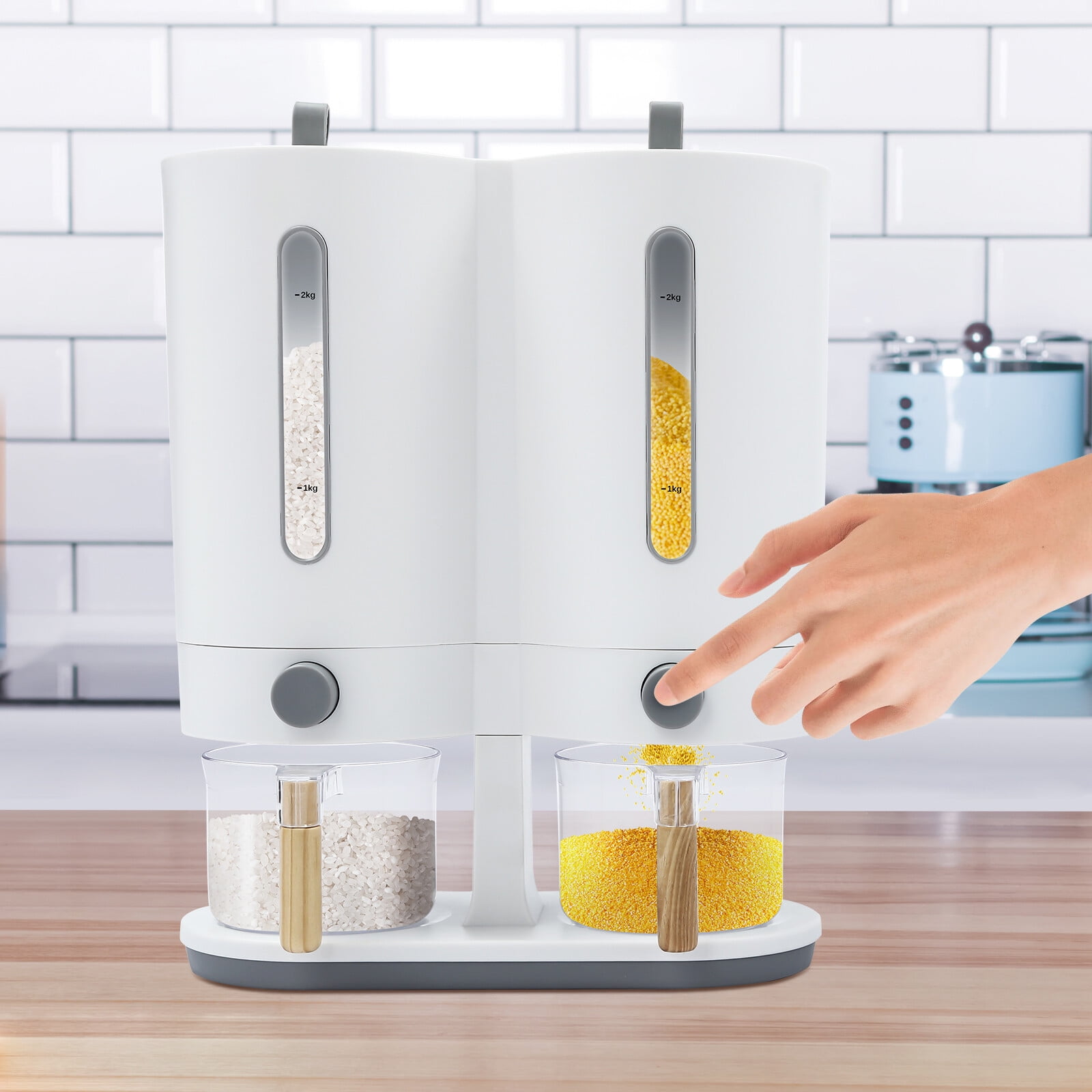 12*5.9*14.17 Free-standing Simple Modern Round Dual with Two Measuring Cups Rice Dispenser - Image 5