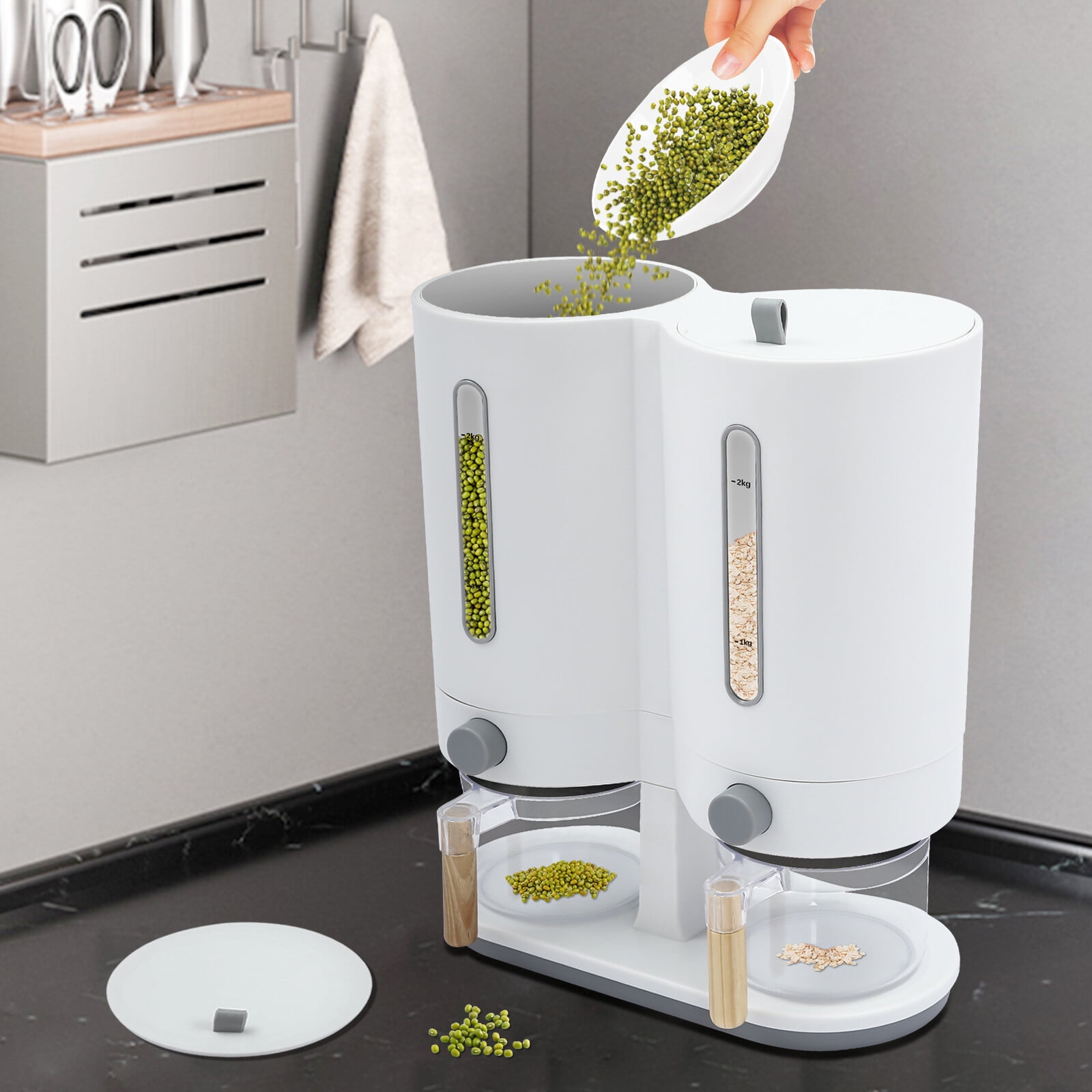 12*5.9*14.17 Free-standing Simple Modern Round Dual with Two Measuring Cups Rice Dispenser - Image 6