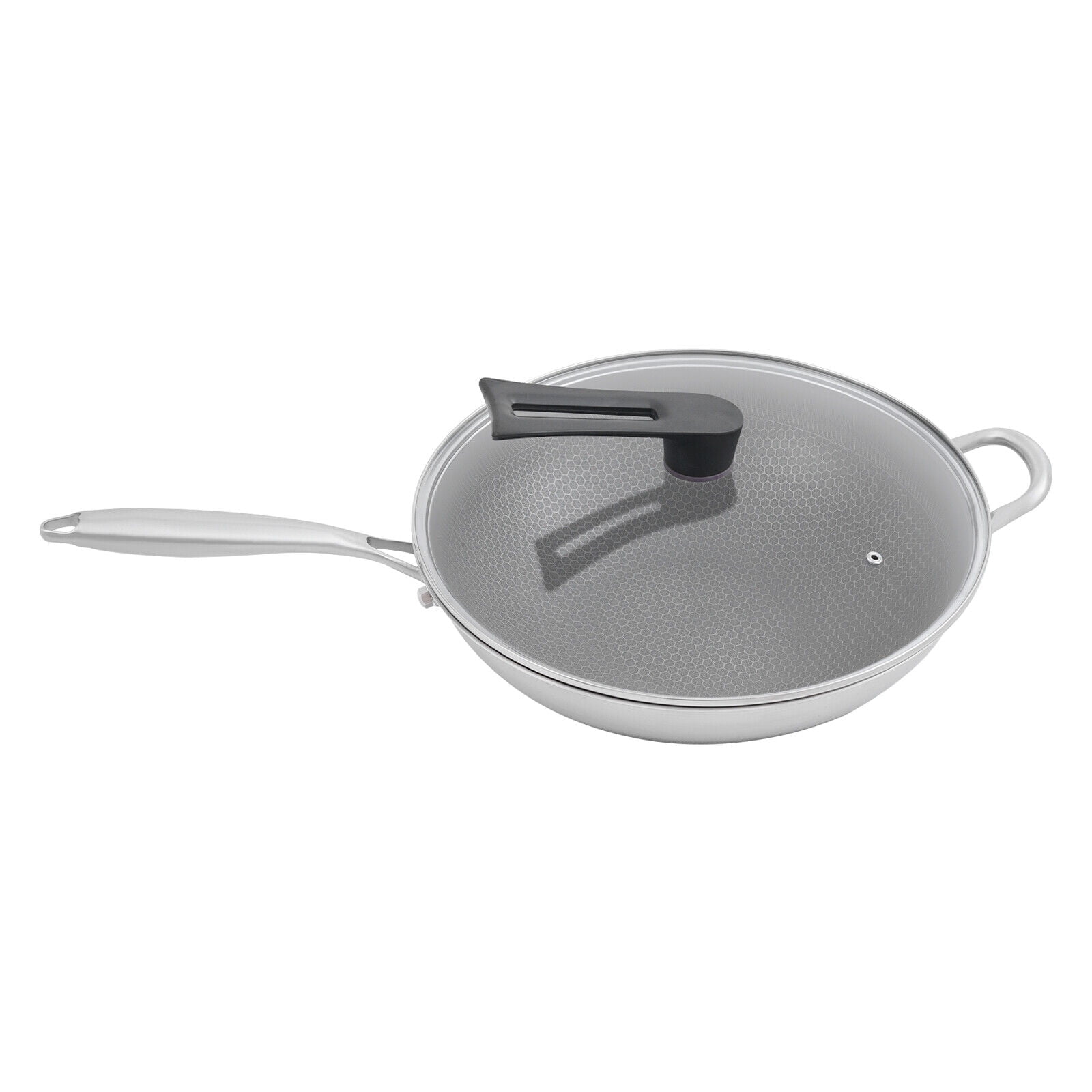 SUS316 Stainless Steel Honeycomb Wok - 14.2" Non-Stick Frying Pan with Tempered Glass Lid, Silver/Black