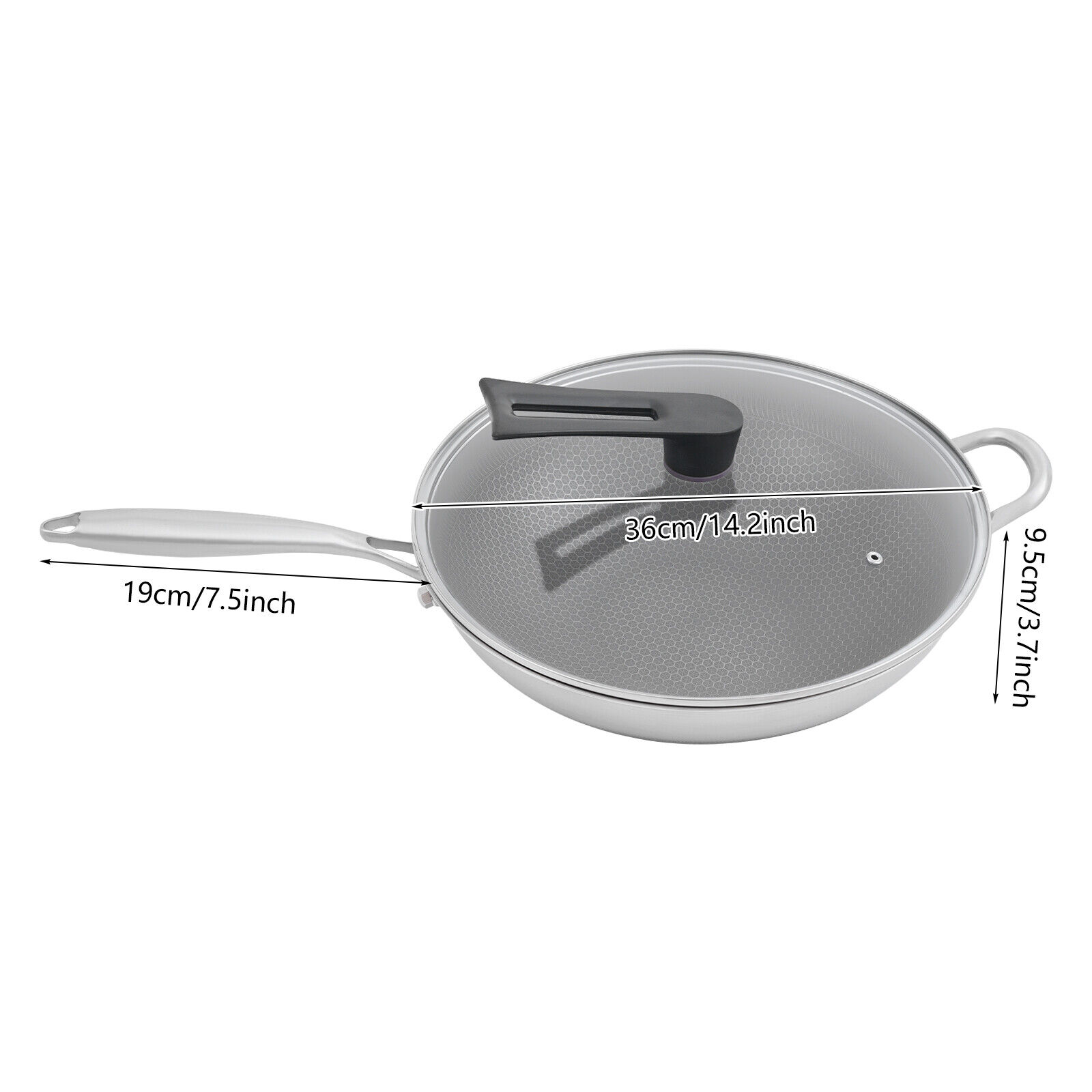 SUS316 Stainless Steel Honeycomb Wok - 14.2" Non-Stick Frying Pan with Tempered Glass Lid, Silver/Black - Image 4