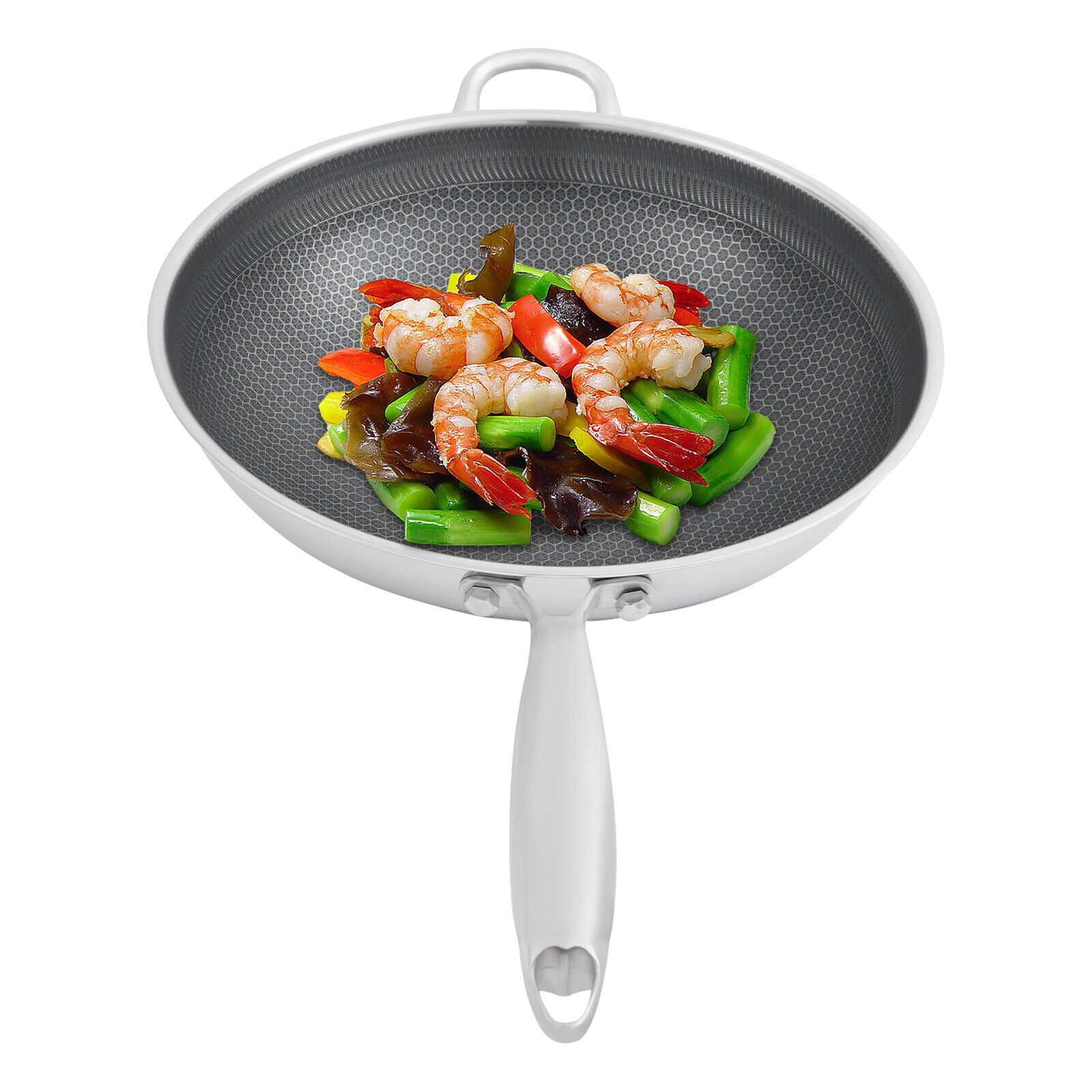 SUS316 Stainless Steel Honeycomb Wok - 14.2" Non-Stick Frying Pan with Tempered Glass Lid, Silver/Black - Image 5