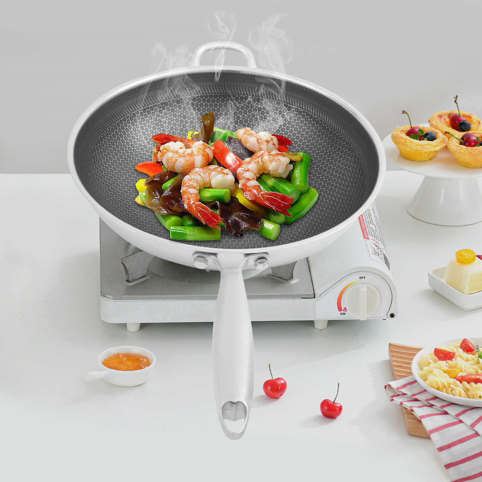 SUS316 Stainless Steel Honeycomb Wok - 14.2" Non-Stick Frying Pan with Tempered Glass Lid, Silver/Black - Image 8