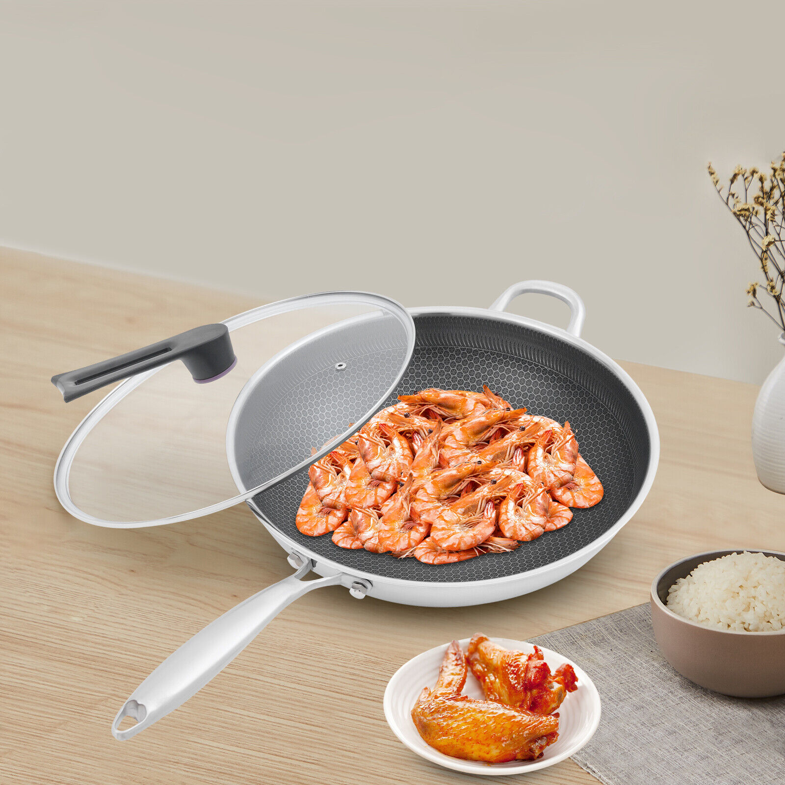 SUS316 Stainless Steel Honeycomb Wok - 14.2" Non-Stick Frying Pan with Tempered Glass Lid, Silver/Black - Image 9
