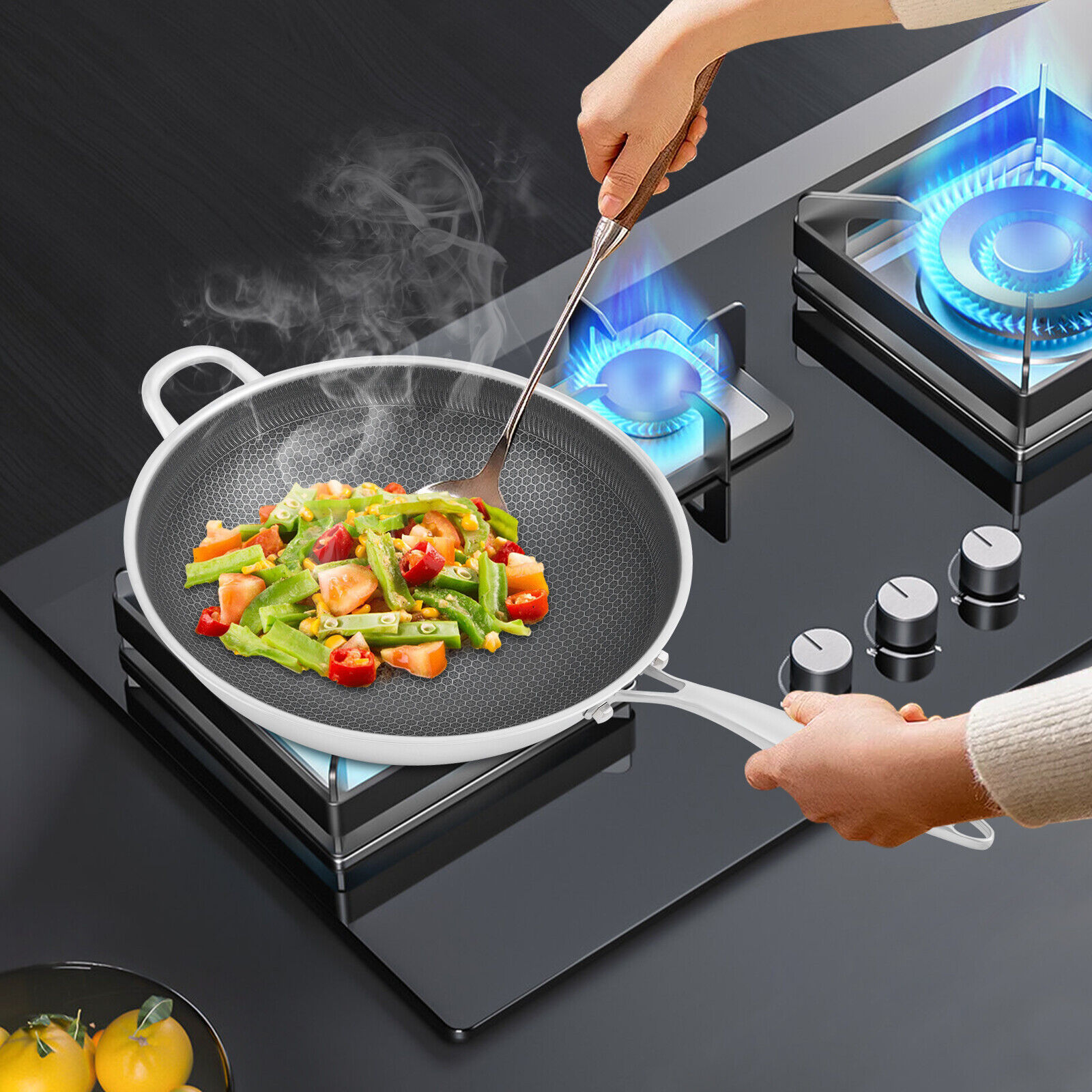 SUS316 Stainless Steel Honeycomb Wok - 14.2" Non-Stick Frying Pan with Tempered Glass Lid, Silver/Black - Image 10