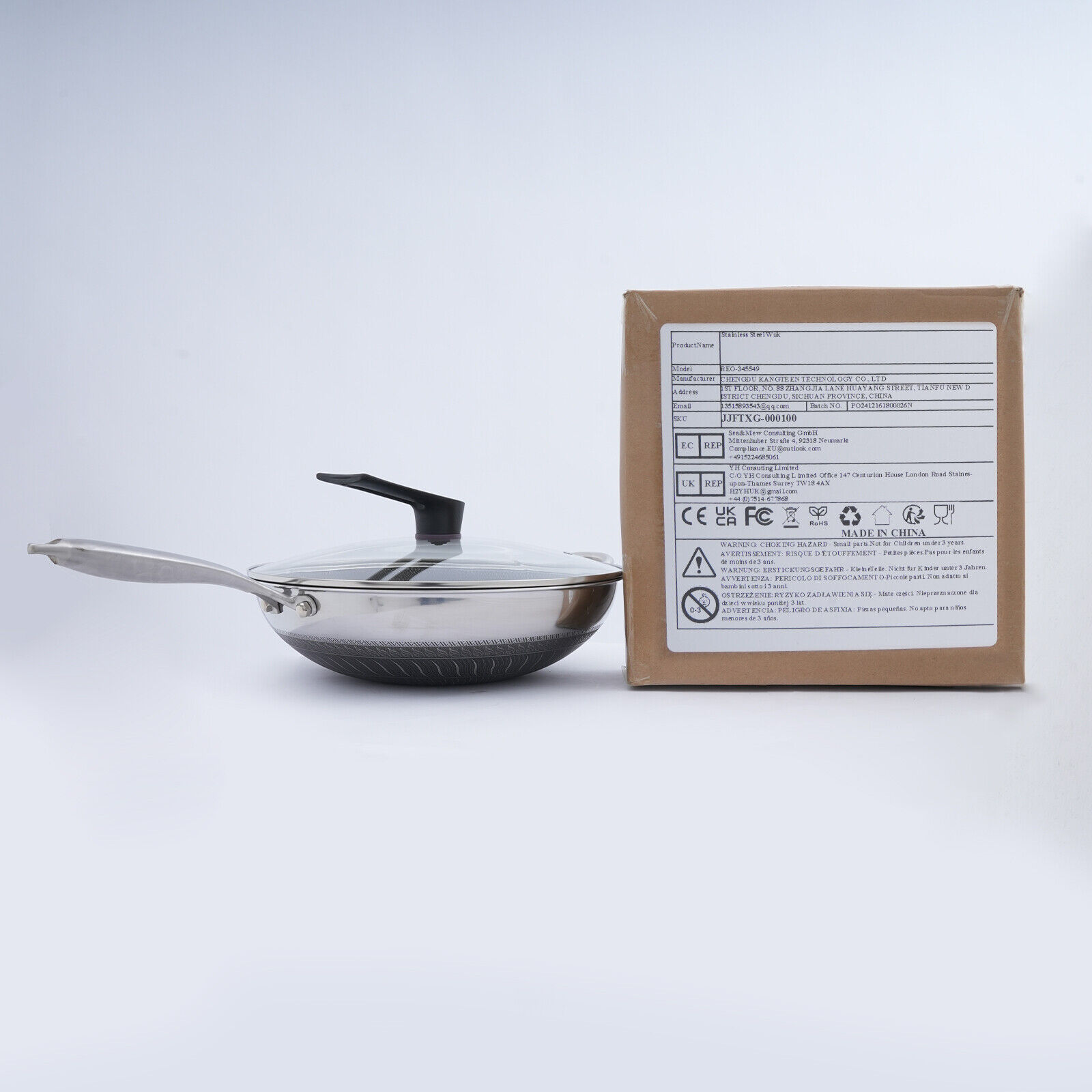 SUS316 Stainless Steel Honeycomb Wok - 14.2" Non-Stick Frying Pan with Tempered Glass Lid, Silver/Black - Image 11