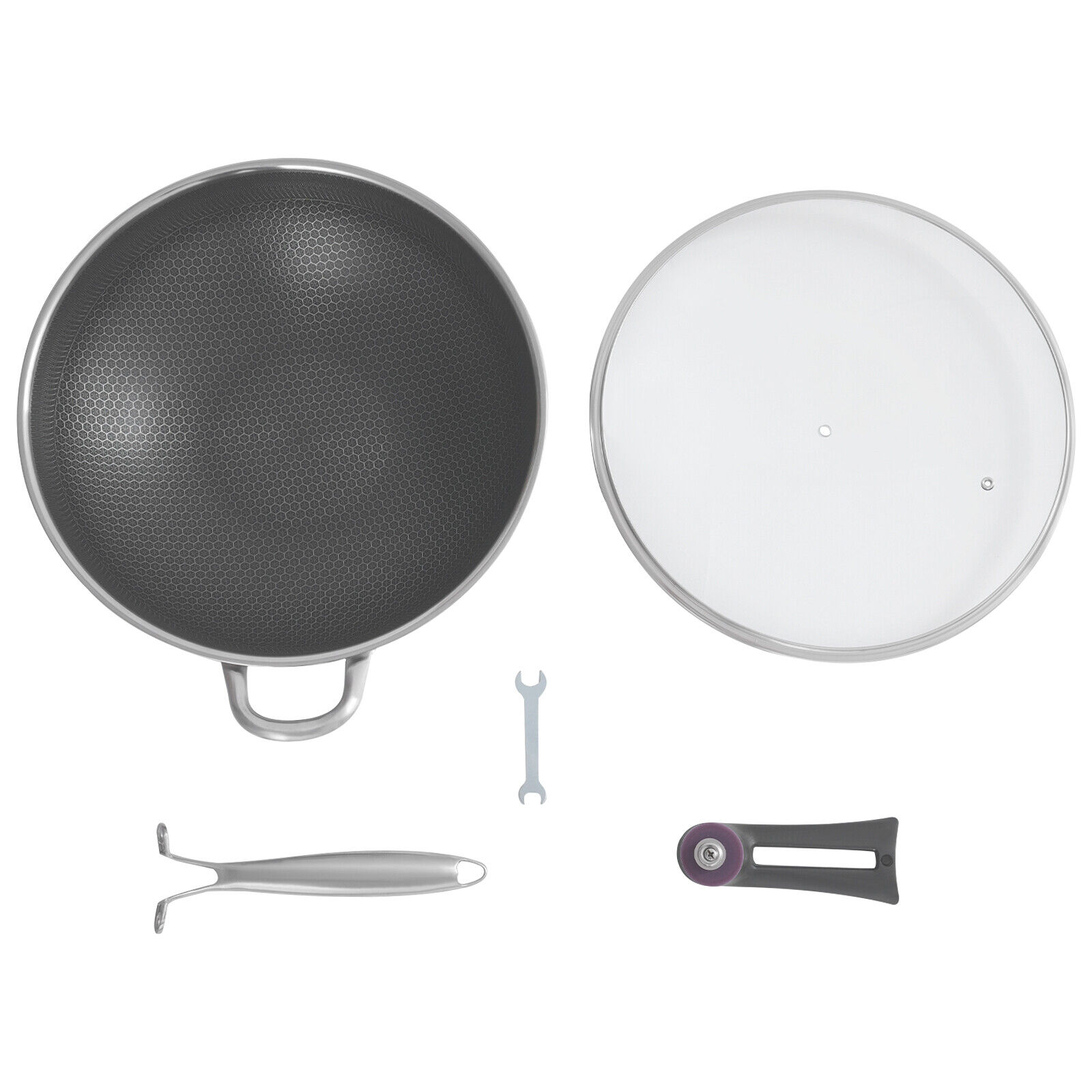 SUS316 Stainless Steel Honeycomb Wok - 14.2" Non-Stick Frying Pan with Tempered Glass Lid, Silver/Black - Image 12
