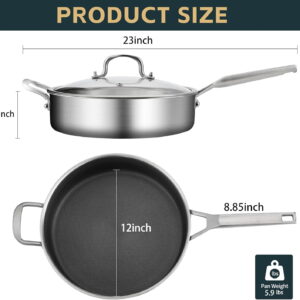 5-Quarts Saute Pan with Lid, 12.5 Inch Tri-Ply Stainless Steel Nonstick Frying Pan, Oven Safe to 600°F