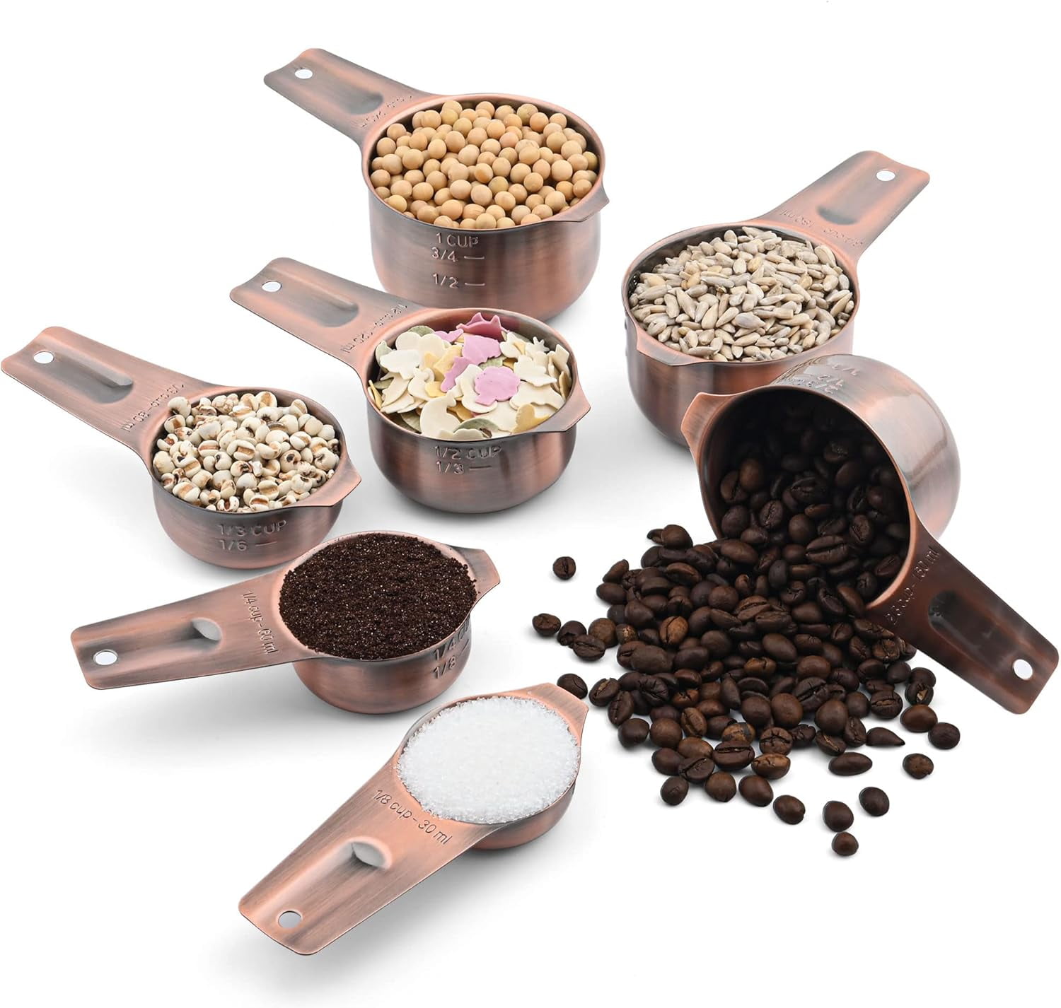 Measuring Cups and Spoons Set, Copper Plated Measuring Cups Spoons, Stainless Steel 7 Measuring cups and 9 Measuring Spoons 1 Leveler for Baking and Kitchen, Metal Copper Measure Cups&Spoons