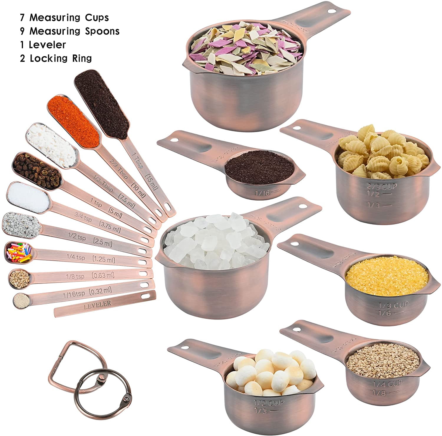 Measuring Cups and Spoons Set, Copper Plated Measuring Cups Spoons, Stainless Steel 7 Measuring cups and 9 Measuring Spoons 1 Leveler for Baking and Kitchen, Metal Copper Measure Cups&Spoons - Image 3