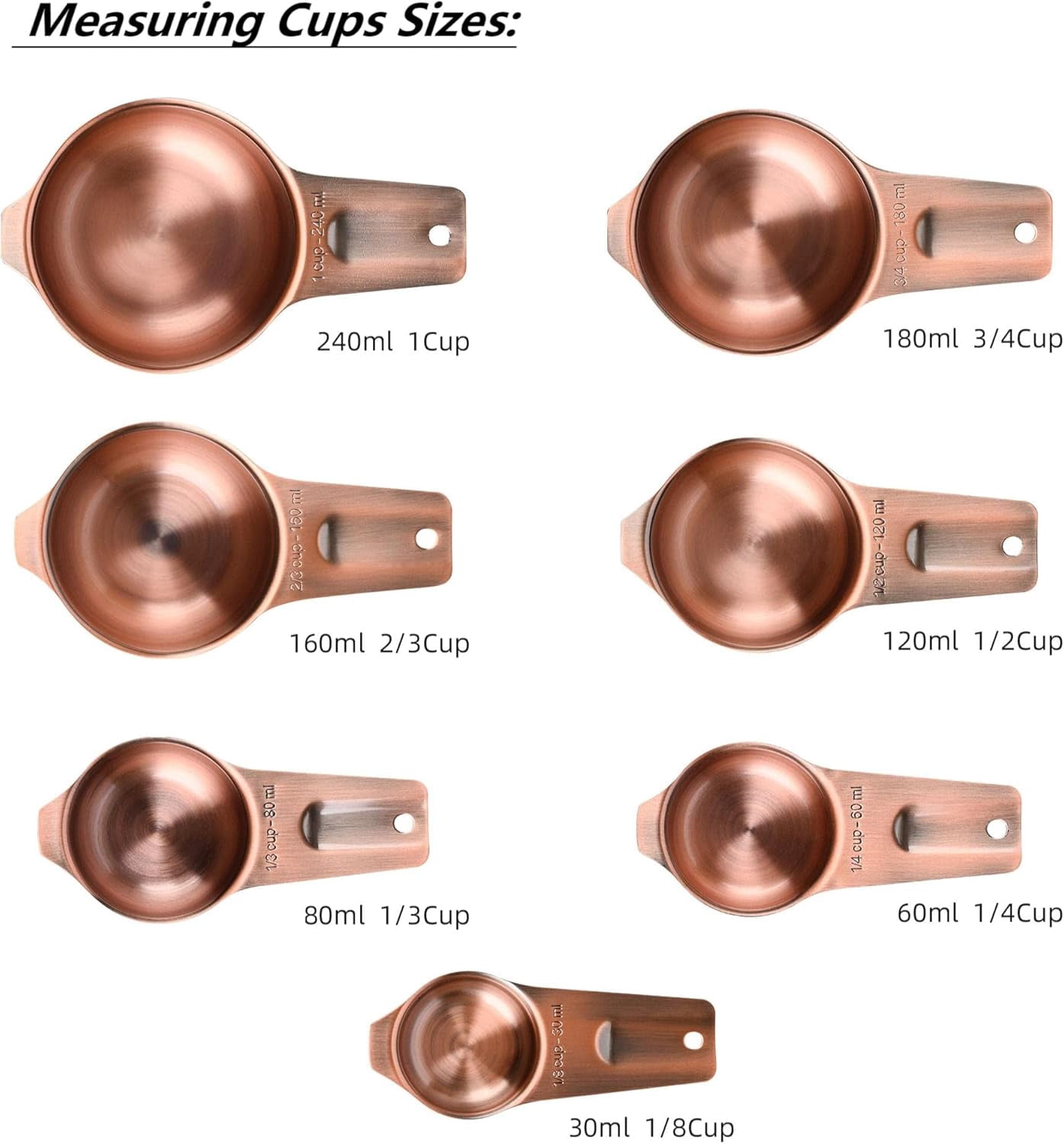 Measuring Cups and Spoons Set, Copper Plated Measuring Cups Spoons, Stainless Steel 7 Measuring cups and 9 Measuring Spoons 1 Leveler for Baking and Kitchen, Metal Copper Measure Cups&Spoons - Image 4