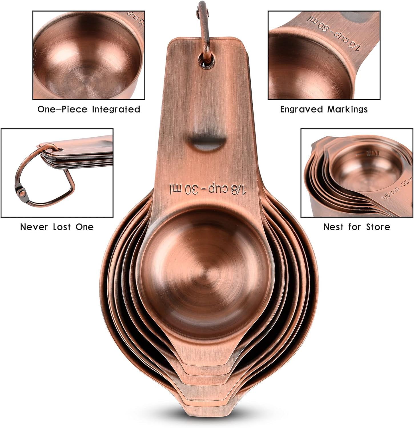 Measuring Cups and Spoons Set, Copper Plated Measuring Cups Spoons, Stainless Steel 7 Measuring cups and 9 Measuring Spoons 1 Leveler for Baking and Kitchen, Metal Copper Measure Cups&Spoons - Image 6