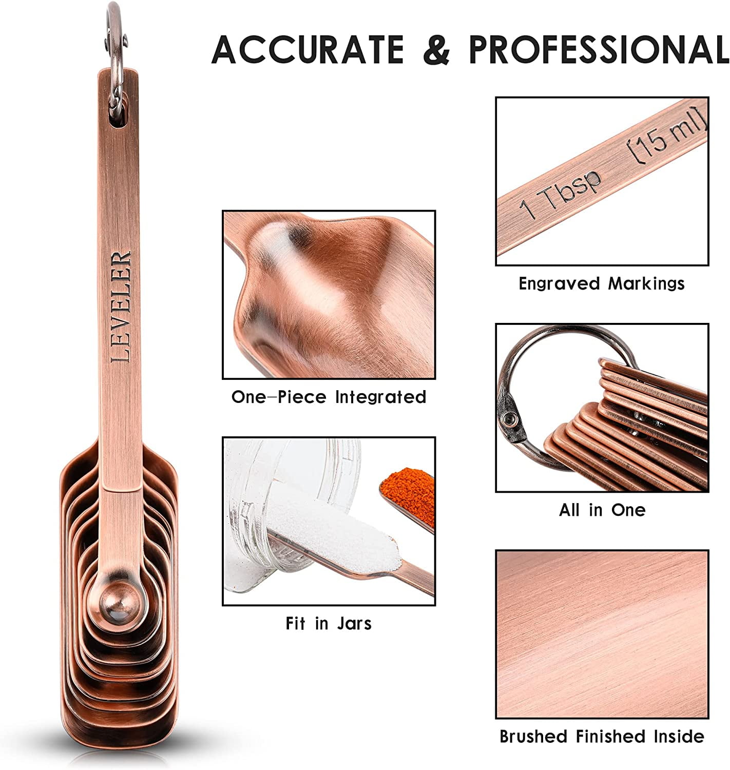 Measuring Cups and Spoons Set, Copper Plated Measuring Cups Spoons, Stainless Steel 7 Measuring cups and 9 Measuring Spoons 1 Leveler for Baking and Kitchen, Metal Copper Measure Cups&Spoons - Image 7